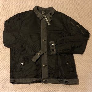 Elwood Nylon Black/Grey Distressed Denim Button Shirt Motorcycle Trucker Jacket